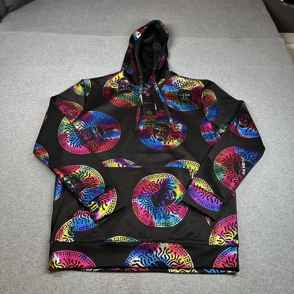 Black Multi Rainbow‎ Medusa Hoodie Size S Bold Streetwear Pullover NWT